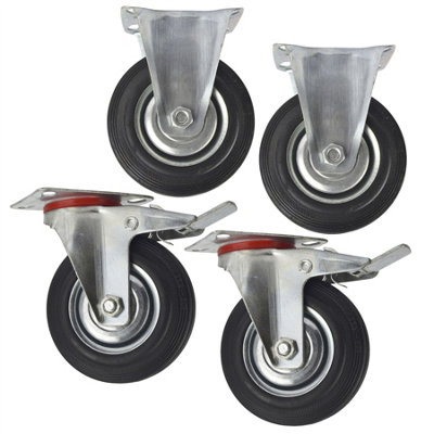 5" (125mm) Rubber Fixed and Swivel With Brake Castor Wheels (4 Pack)