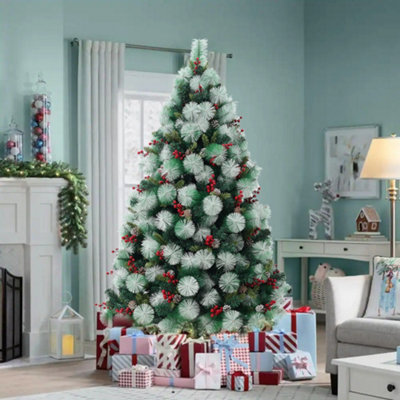 5.9 ft Flocked Artificial Christmas Tree Natural looking Xmas Tree with Pine Cones Berries Decoration Price Comparisons | Compare The Build