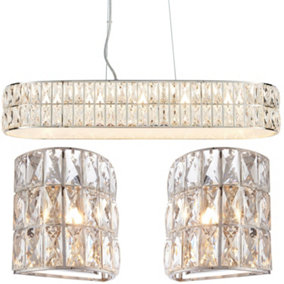 5 Bulb Ceiling Bar & 2x Matching Flush Wall Light Long Chrome & Crystal Glass