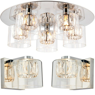 5 Bulb Ceiling Lamp & 2x Matching Wall Mount Light Round Chrome & Crystal Glass