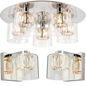 5 Bulb Ceiling Lamp & 2x Matching Wall Mount Light Round Chrome & Crystal Glass