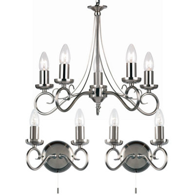 5 Bulb Ceiling Pendant & 2x Matching Twin Wall Light Antique Silver Chandelier