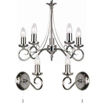 5 Bulb Ceiling Pendant & 2x Matching Wall Light Curved Antique Silver Chandelier