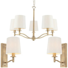 5 Bulb Ceiling Pendant Lamp & 2x Matching Wall Light Matt Antique Brass & Shade