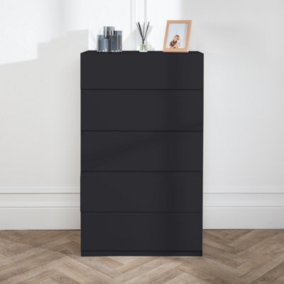 5 Chest Of Drawer BLACK Deep Chest of Wooden Drawers