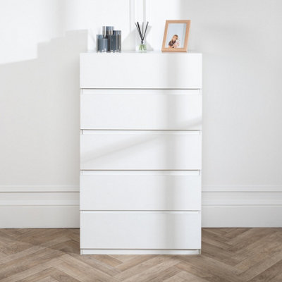 5 Chest Of Drawer WHITE Deep Chest of Wooden Drawers