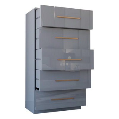 5 Drawer High Gloss Chest of Drawers 120cm Wide Smooth Runners - Grey