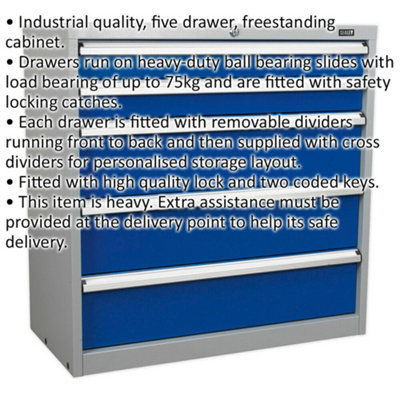 5 Drawer Industrial Cabinet - 900 x 450 x 900mm - Heavy Duty BB Drawer Slides