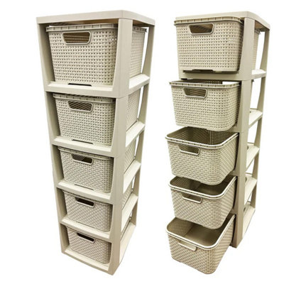 5 Drawer Large Spacious Rattan Effect Cream Home Office Modular Storage Tower Unit