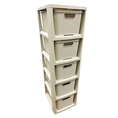 5 Drawer Large Spacious Rattan Effect Cream Home Office Modular Storage Tower Unit - 3