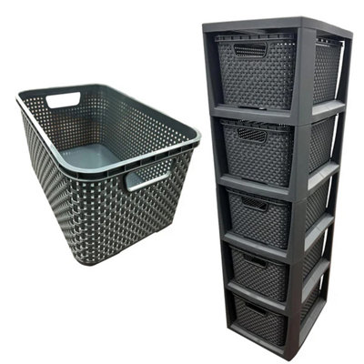 5 Drawer Large Spacious Rattan Effect Grey Home Office Modular Storage Tower Unit