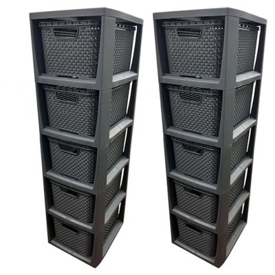 5 Drawer Large Spacious Rattan Effect Grey Home Office Modular Storage Tower Unit