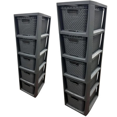 5 Drawer Large Spacious Rattan Effect Grey Home Office Modular Storage Tower Unit - 3