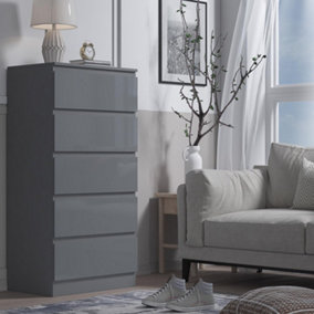 5 Drawer Tall Slim High Gloss Grey Chest Of Drawers