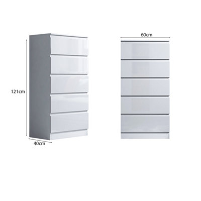 5 Drawer Tall Slimline High Gloss White Chest Of Drawers