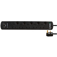 5 Gang 2 USB Surge Protected Switched Extension Lead, 2m, Black