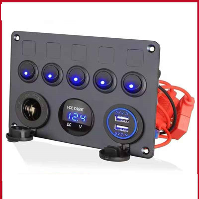 5 Gang LED Switch Panel with Voltmeter & Dual USB Car Charger 12V