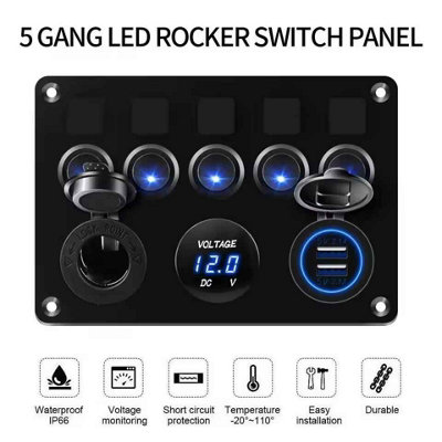 5 Gang LED Switch Panel with Voltmeter & Dual USB Car Charger 12V