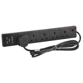 5 Gang Mains Extension Lead with 2x USB Port Charging Socket, 2m Black