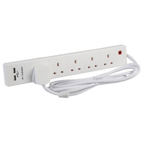 5 Gang Mains Extension Lead with 2x USB Port Charging Socket, 2m White