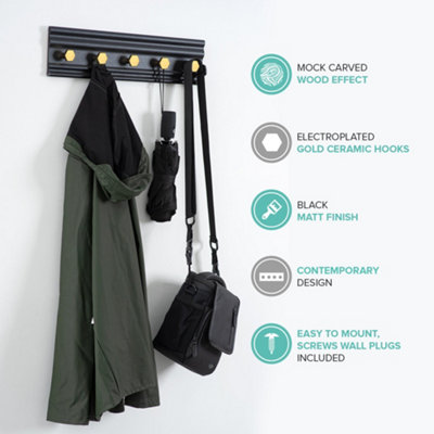 5 HOOK WALL MOUNTED RACK - BLACK & GOLD