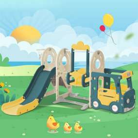5 in 1 Children's Slide Combination with Bus, Swing, Slide, Stepladder, Basketball Hoop and Matching Basketball