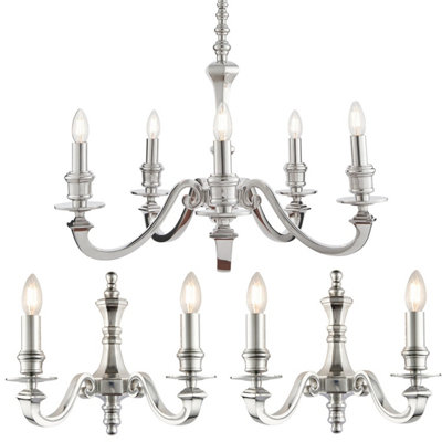 5 Lamp Ceiling & 2x Matching Twin Wall Light Pack Premium Aluminium Chandelier