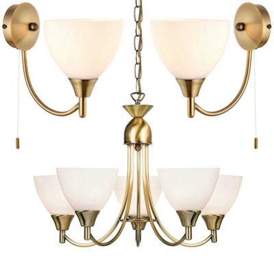 5 Lamp Ceiling & 2x Wall Light Pack Antique Brass Glass Matching Indoor Fittings