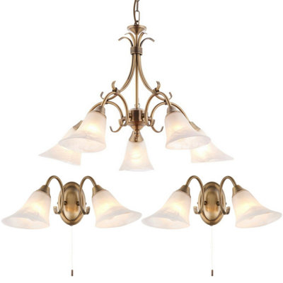 5 Lamp Ceiling Pendant & 2x Matching Twin Wall Light Antique Brass & Opal Glass