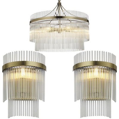 5 Light Ceiling Pendant & 2x Matching Wall Light - Clear Glass rods Antique Brass Ring