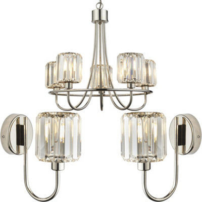 5 Light Ceiling Pendant & 2x Matching Wall Lights - Bright Nickel Frosted Glass Chandelier