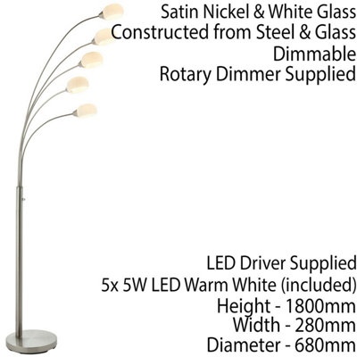 5 Light Floor Lamp Nickel & Glass Tall Standing Curved Multi Arm Living ...