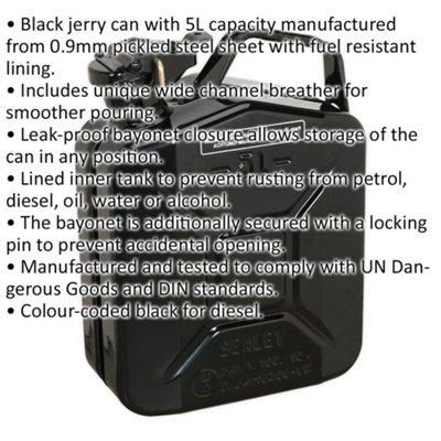 5 Litre Jerry Can - Leak-Proof Bayonet Closure - Fuel Resistant Lining - Black