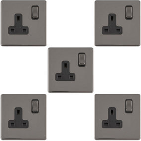 5 PACK 1 Gang DP 13A Switched UK Plug Socket SCREWLESS BLACK NICKEL Wall Power
