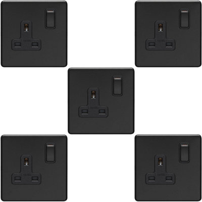 5 PACK 1 Gang DP 13A Switched UK Plug Socket SCREWLESS MATT BLACK Wall Power