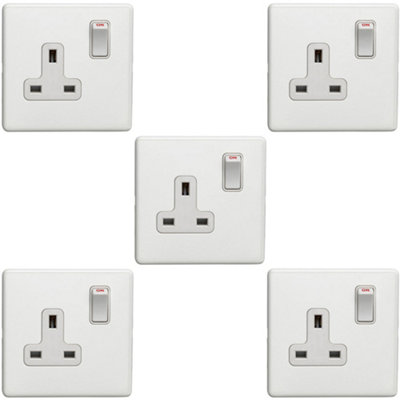 5 PACK 1 Gang DP 13A Switched UK Plug Socket SCREWLESS MATT WHITE Wall Power