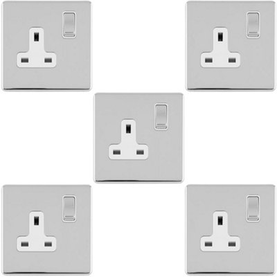 5 PACK 1 Gang DP 13A Switched UK Plug Socket SCREWLESS POLISHED CHROME Power