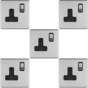 5 PACK 1 Gang DP 13A Switched UK Plug Socket SCREWLESS SATIN STEEL Wall Power