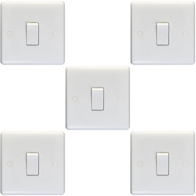 5 PACK 1 Gang Single 10A Light Switch 1 Way - WHITE PLASTIC Wall Plate Rocker