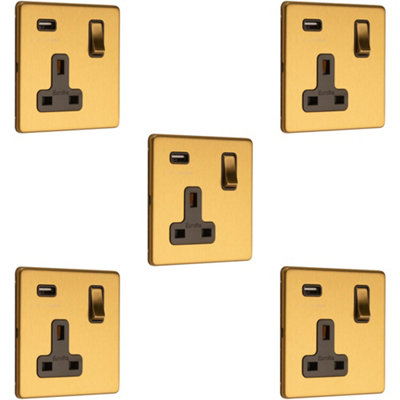 5 PACK 1 Gang Single 13A UK Plug Socket & 2.1A USB-A SCREWLESS SATIN BRASS Price Comparisons | Compare The Build
