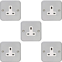 5 PACK 1 Gang Single 13A Unswitched UK Plug Socket HEAVY DUTY METAL CLAD Power