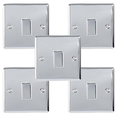 5 PACK 1 Gang Single Metal Light Switch POLISHED CHROME 2 Way 10A White Trim