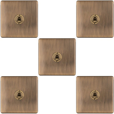 5 PACK 1 Gang Single Retro Toggle Light Switch SCREWLESS ANTIQUE BRASS 10A 2 Way