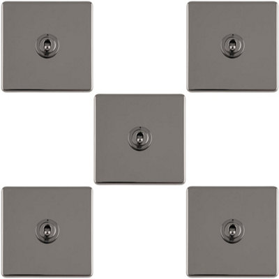 5 PACK 1 Gang Single Retro Toggle Light Switch SCREWLESS BLACK NICKEL 10A 2 Way