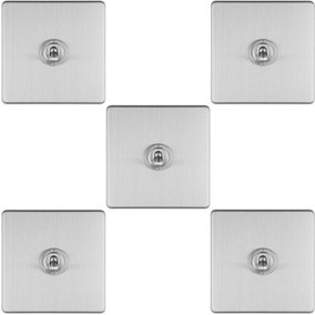 5 PACK 1 Gang Single Retro Toggle Light Switch SCREWLESS SATIN STEEL 10A 2 Way