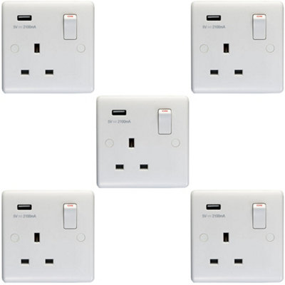 5 PACK 1 Gang Single UK Plug Socket & 2.1A USB-A Charger WHITE 13A Switched