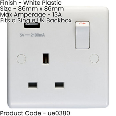 5 PACK 1 Gang Single UK Plug Socket & 2.1A USB-A Charger WHITE 13A Switched