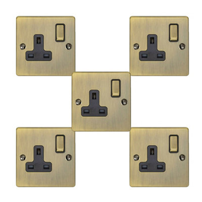 5 PACK 1 Gang Single UK Plug Socket ANTIQUE BRASS 13A Switched Power