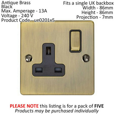 5 PACK 1 Gang Single UK Plug Socket ANTIQUE BRASS 13A Switched Power Outlet