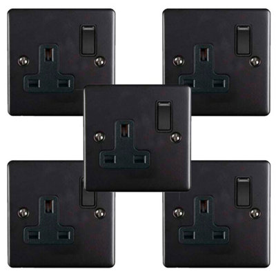 5 PACK 1 Gang Single UK Plug Socket MATT BLACK 13A Switched Power